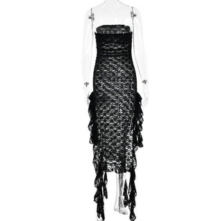 Lace ruffle solid high slit see through tube midi dress