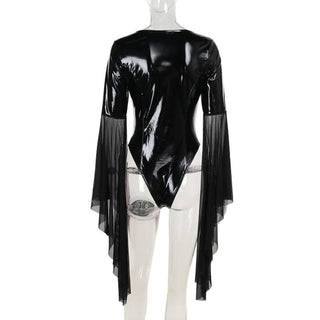 Long flared sleeve PU leather cross front bodysuit