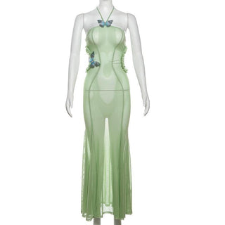 Halter sheer mesh butterfly applique backless maxi dress