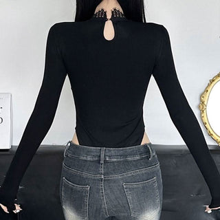Long sleeve lace hem hollow out bodysuit