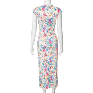 Cap sleeve print slit crewneck midi dress