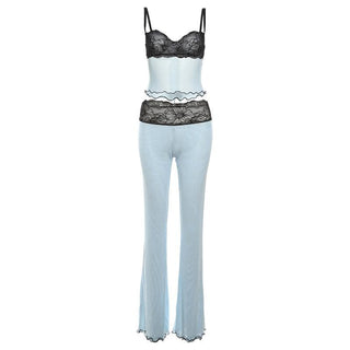 Lace mesh ruffle sweetheart neck cami pant set