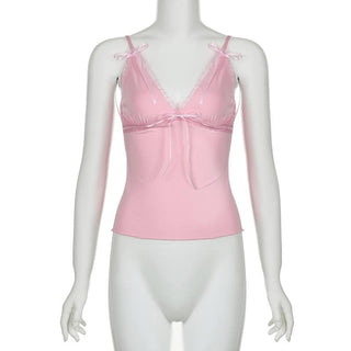 Ribbon bowknot lace hem v neck cami top