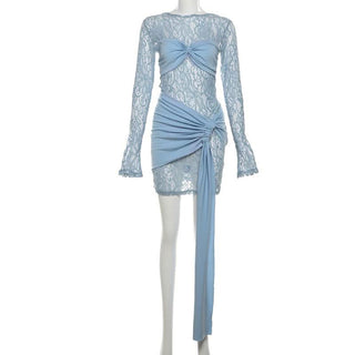 Long sleeve lace patchwork ruched mini dress