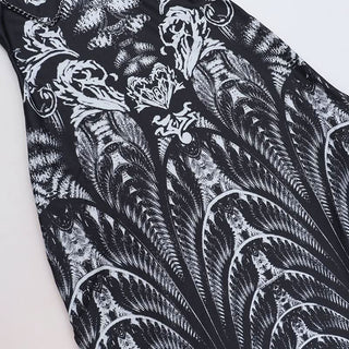 High neck lace up abstract print metal chain slit maxi dress