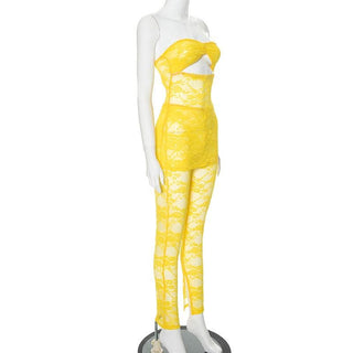 Lace hollow out ruched see through tube pant set