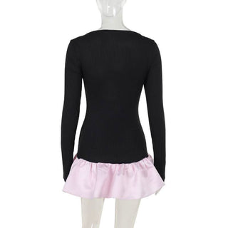 Long sleeve hollow out ribbed ruffle v neck cut out mini dress