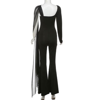 Long sleeve mesh patchwork hollow out jumpsuit