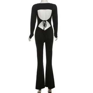 Long sleeve u neck backless self tie solid jumpsuit