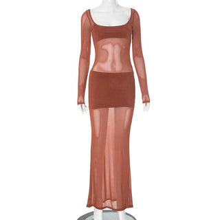 Long sleeve u neck mesh maxi dress