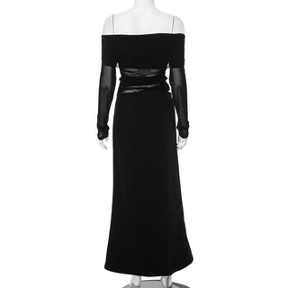 Off shoulder long sleeve mesh patchwork ruched hollow out maix dress