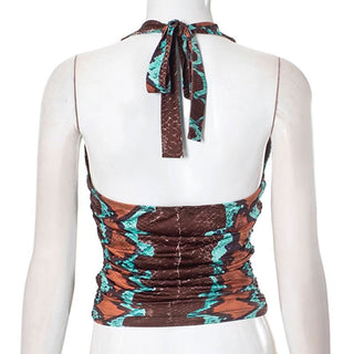 Ruched self tie halter v neck print contrast top