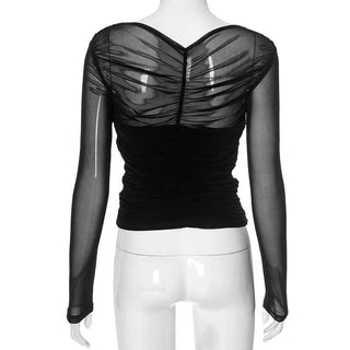 Ruched mesh long sleeve v neck solid top