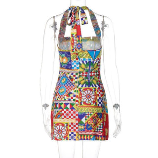 Halter print contrast knotted mini dress