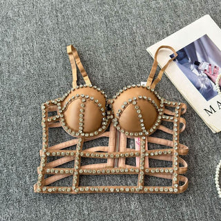 Hollow out beaded zip-up v neck padded cut out top