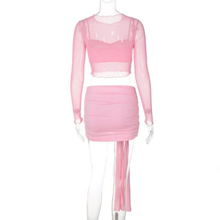 Long sleeve mesh knotted ruched 3 piece mini skirt set