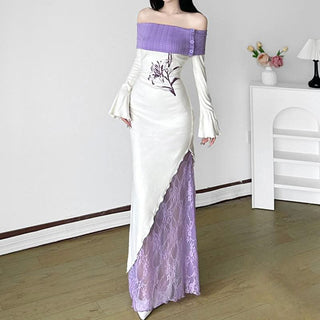 Off shoulder long sleeve knitted patchwork lace print maxi dress