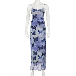 Mesh lace hem butterfly print cami maxi dress