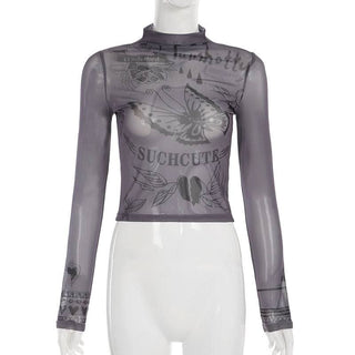 High neck long sleeve mesh butterfly print top