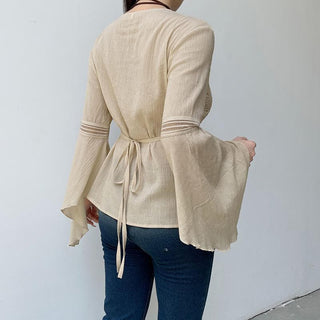 Textured v neck flared sleeve self tie top
