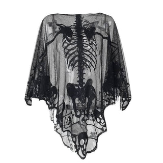 Human skeleton ruffle net shrug top