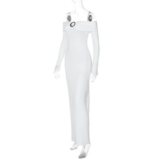 Off shoulder long sleeve slit o ring maxi dress