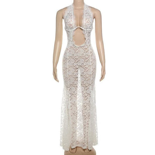 Halter lace see through hollow out cut out maxi dress-final-sale