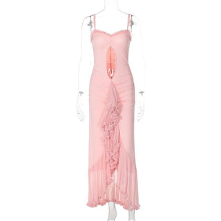 Ruffle high slit ruched hollow out cami cut out maxi dress