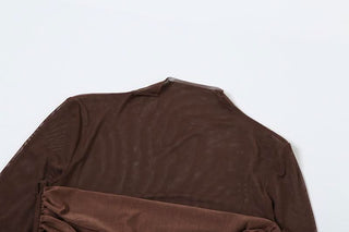 Long sleeve gloves mesh ruched patchwork mini dress