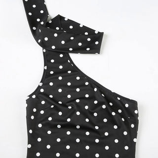 Irregular polka dot halter backless one shoulder top
