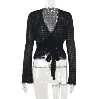 Long flared sleeve v neck lace hem knotted top