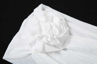 Off shoulder flower applique ruffle ruched mini dress