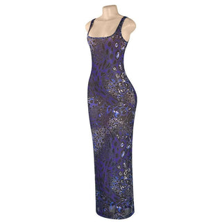 Print u neck hollow out sheer mesh cami cut out maxi dress