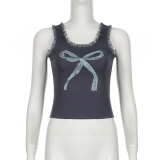U neck lace hem bowknot pattern contrast tank top