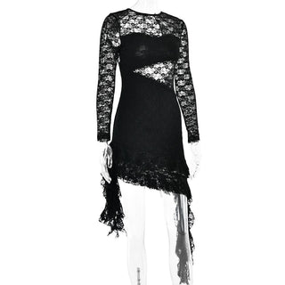 Lace backless solid ruffle long sleeve irregular mini dress - Final Sale