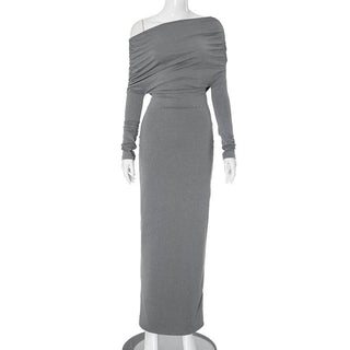 Long sleeve ruched one shoulder irregular maxi dress