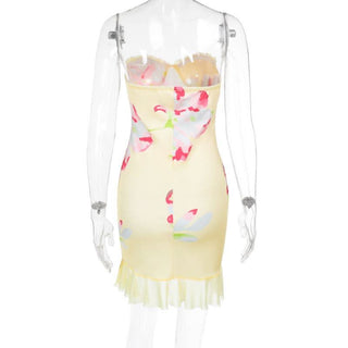 Mesh flower print sweetheart neck tube mini dress