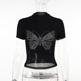 Short sleeve high neck butterfly beaded top