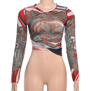 Long sleeve crewneck mesh abstract print top