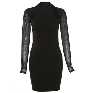 Long sleeve halter mesh patchwork solid mini dress