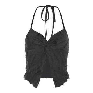 Halter self tie v neck textured knotted slit crop top