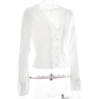 Long sleeve deep V neck lace hem hollow out cut out top