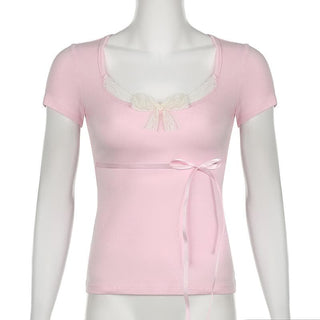Short sleeve u neck bowknot lace hem top