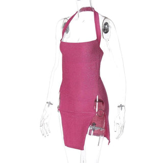 Halter o ring high slit glitter backless solid mini dress