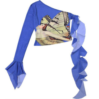 Off shoulder flared sleeve mesh print ruffle top