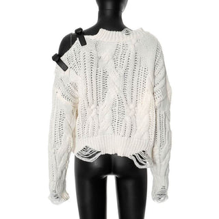 Long sleeve buckle knitted hollow out cut out top