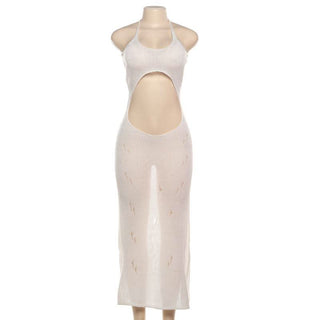 Self tie halter hollow out see through knitted cut out maxi dress