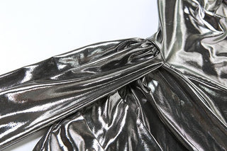 Halter ruched cowl neck metallic button mini dress