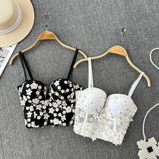 Embroidery padded bustier flower applique cami top