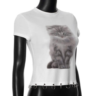 Short sleeve cat print o ring top